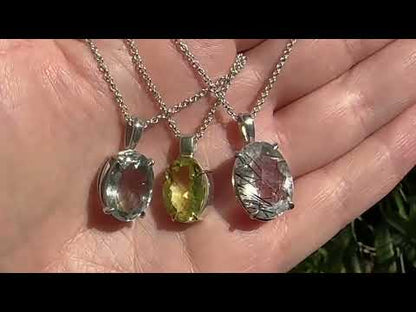 Oval Tourmalinated Quartz Sterling Silver Prong Set Pendant Necklace, Ready to ship