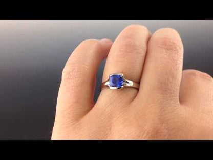 Cushion Cut Chatham Blue Sapphire Fold Solitaire Engagement Ring