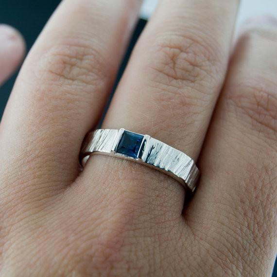 Princess Square Blue Sapphire Saw Cut Textured Modern Solitaire Wedding or Engagement Ring Ring by Nodeform
