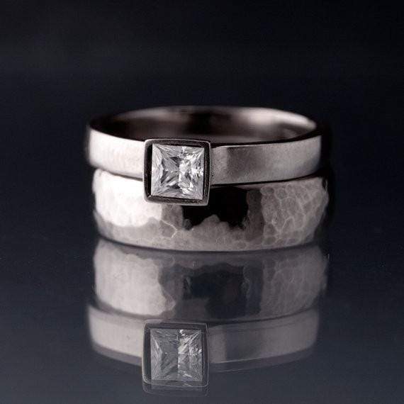 White Sapphire Engagement Ring Princess Cut Bezel Solitaire Ring by Nodeform