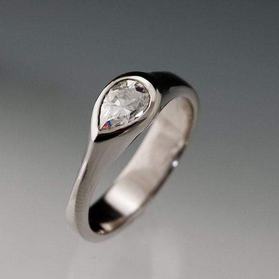 Pear Moissanite Tear Drop Bezel Bridal Set Engagement Ring and Wedding Band Ring by Nodeform