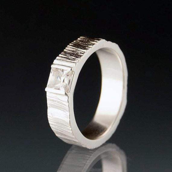 Saw Cut Textured Wedding Ring Set with Princess Cut White Sapphire Ring Set by Nodeform