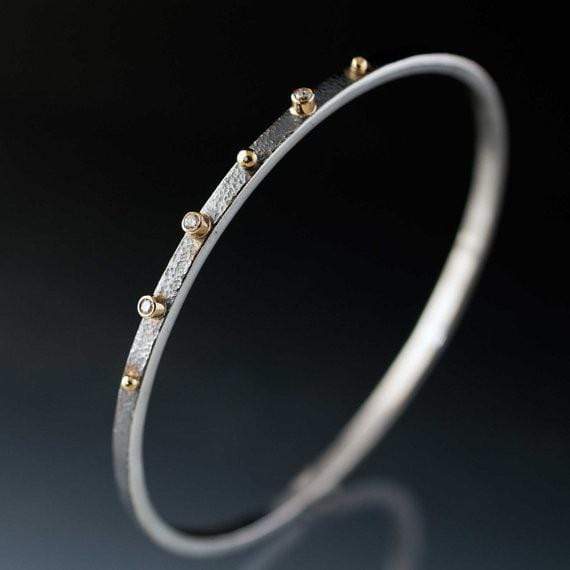 Textured Diamond Bracelet Sterling Silver Bangle 18k Gold Accents Bracelet by Nodeform