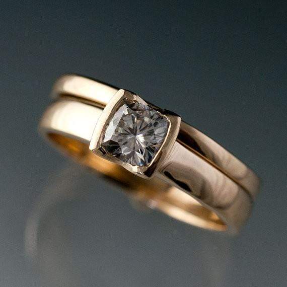 Cushion Moissanite Ring Bridal Set, Solitaire Engagement Ring & Gold Wedding Band 5mm Near-Colorless F1 Moissanite (GHI Color) / 14k Yellow Gold Ring by Nodeform