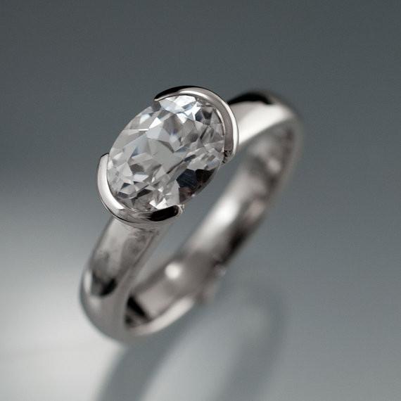 Oval White Sapphire Half Bezel Solitaire Bridal Ring Set Ring by Nodeform