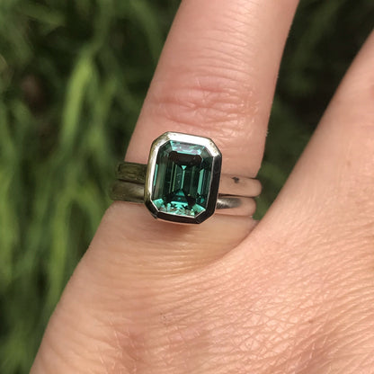 Emerald Cut Green Moissanite Olivia Bezel Set 14k White Gold Solitaire Cathedral Engagement Ring Ring Ready To Ship by Nodeform