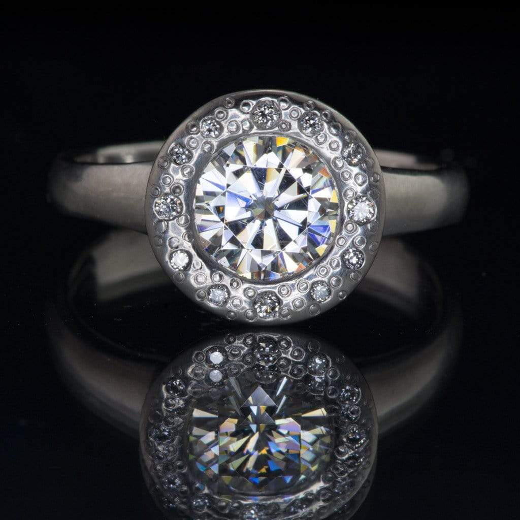Round Moissanite Low Profile Diamond Star Dust Halo Bezel Engagement Ring Ring by Nodeform