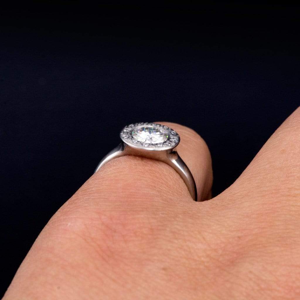 Round Moissanite Low Profile Diamond Star Dust Halo Bezel Engagement Ring Ring by Nodeform