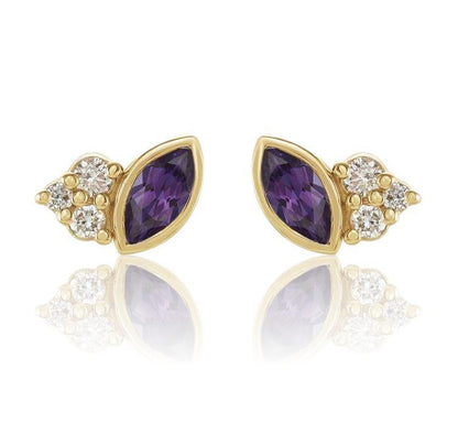 Marquise Lab-created Alexandrite & Diamond Cluster Gold or Platinum Leaf Stud Earrings 14k Yellow Gold Earrings by Nodeform