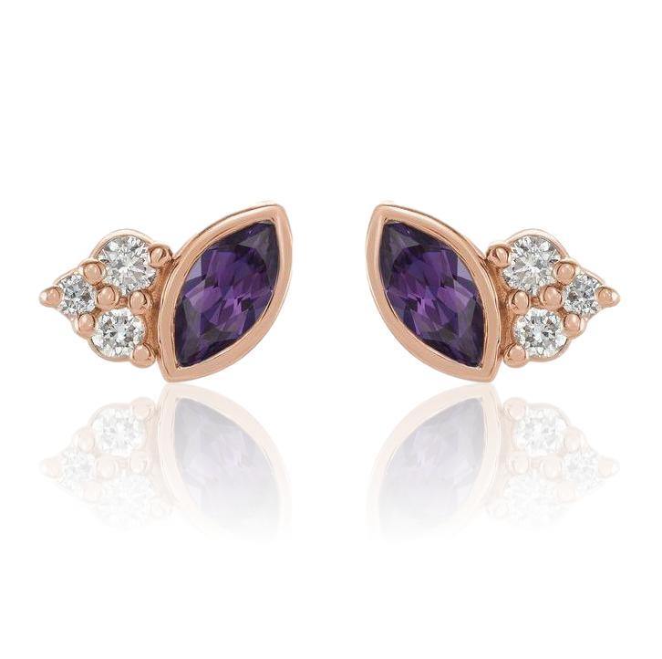 Marquise Lab-created Alexandrite & Diamond Cluster Gold or Platinum Leaf Stud Earrings 14k Rose Gold Earrings by Nodeform