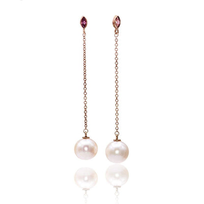 Marquise Garnet & White Pearl Long Dangle Earrings in 14k Rose Gold, Ready to Ship 14k WhiteGold Earrings by Nodeform