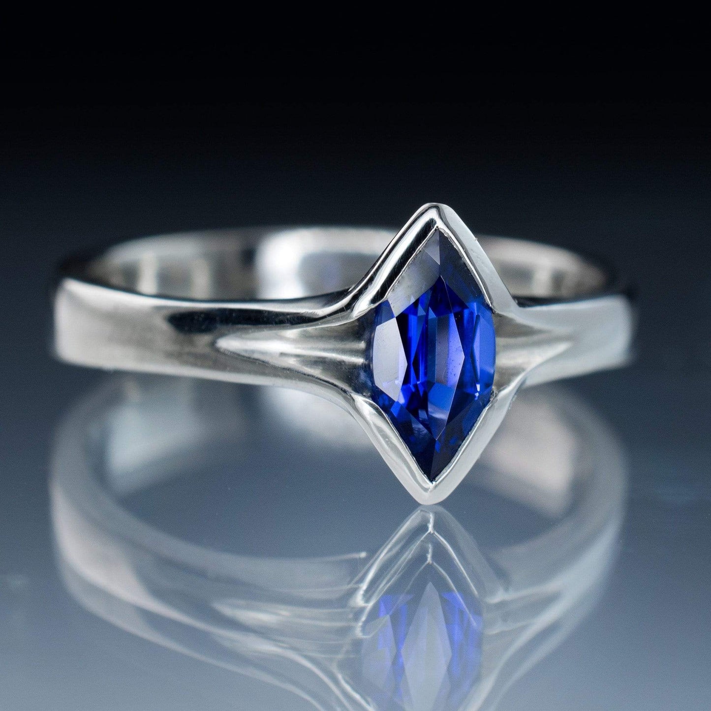 Chatham Marquise Blue Sapphire Semi-Bezel Solitaire Engagement Ring 7x3.5mm / 18kPD White Gold Ring by Nodeform