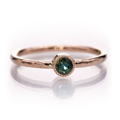 Green/Blue Teal Montana Sapphire Milgrain Textured Bezel Skinny Stacking Solitaire Ring 14k Rose Gold Ring by Nodeform