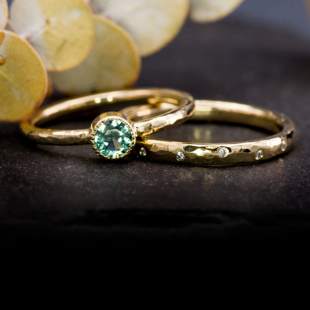Green/Blue Teal Montana Sapphire Milgrain Textured Bezel Skinny Stacking Solitaire Ring Ring by Nodeform