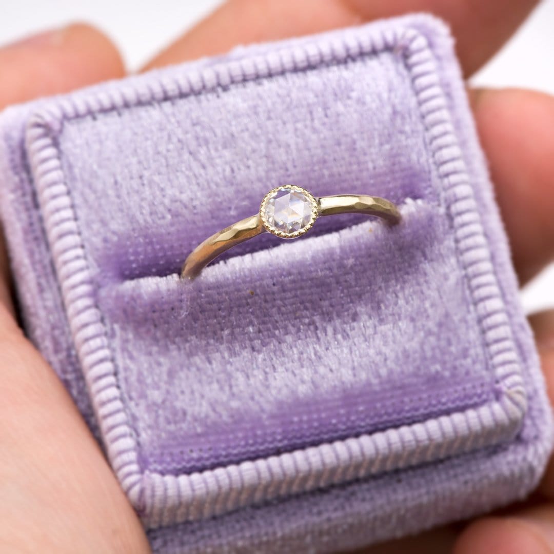 Rose Cut Diamond Milgrain Textured Bezel Hammered Engagement Promise Ring Ring by Nodeform