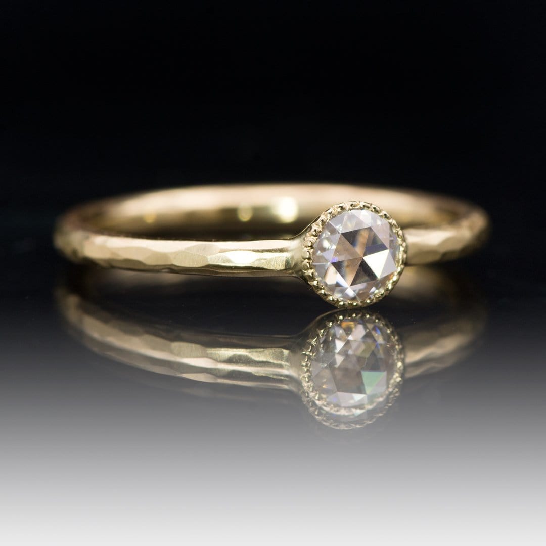 Rose Cut Diamond Milgrain Textured Bezel Hammered Engagement Promise Ring 14k Yellow Gold Ring by Nodeform
