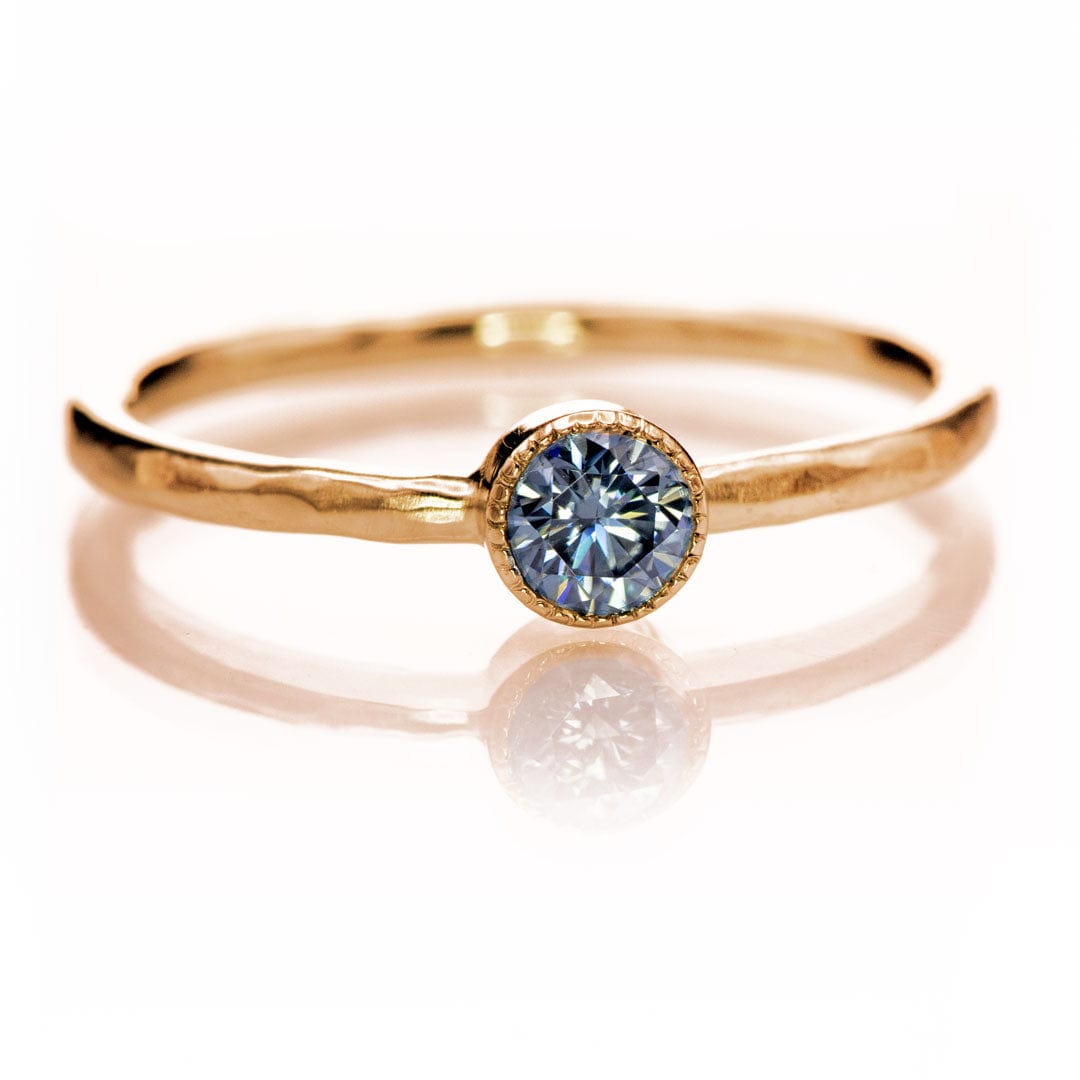 Blue Moissanite Milgrain Textured Bezel Solitaire Stacking Ring 14k Rose Gold Ring by Nodeform