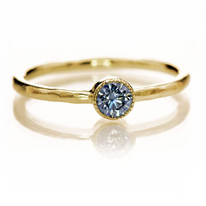 Blue Moissanite Milgrain Textured Bezel Solitaire Stacking Ring 14k Yellow Gold Ring by Nodeform