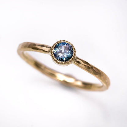 Green/Blue Teal Montana Sapphire Milgrain Textured Bezel Skinny Stacking Solitaire Ring 14k Yellow Gold Ring by Nodeform