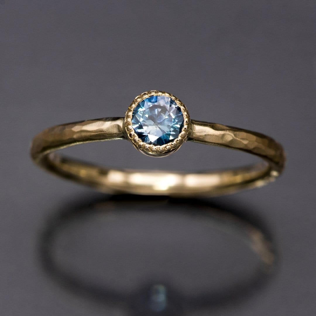 Green/Blue Teal Montana Sapphire Milgrain Textured Bezel Skinny Stacking Solitaire Ring Ring by Nodeform