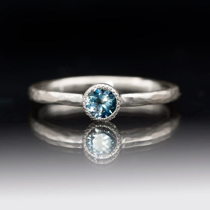 Green/Blue Teal Montana Sapphire Milgrain Textured Bezel Skinny Stacking Solitaire Ring 14k Nickel White Gold (Not Rhodium Plated) Ring by Nodeform