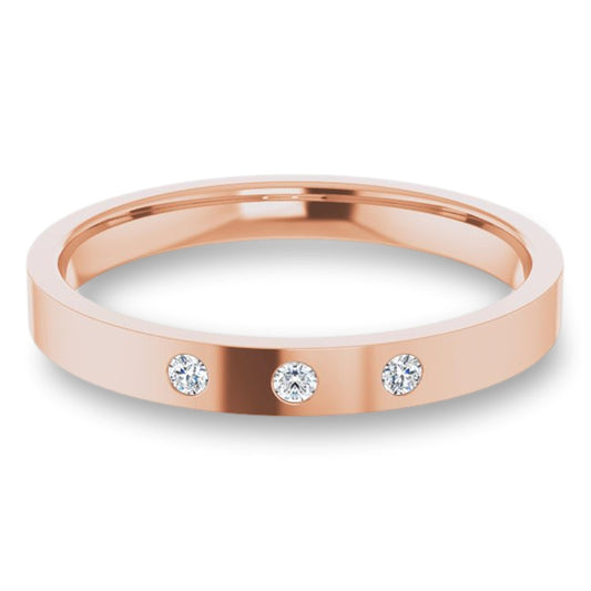 Sia Ring - Narrow 3 Diamond, Moissanite or Sapphire Flush Set Flat Wedding Band 14k Rose Gold / Diamonds (G-H, SI2-SI3) Ring by Nodeform