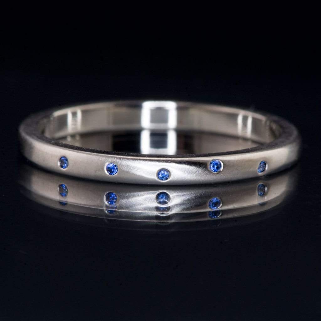 Narrow Random Flush Set Blue Sapphire Wedding Ring 2mm Width / 5 Sapphires / 14kPD White Gold Ring by Nodeform