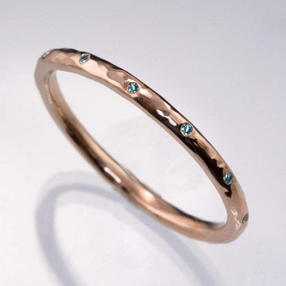 Skinny Teal Diamond Wedding Ring Thin Hammered Texture Wedding Band 14k Rose Gold / All Teal Diamonds / 5 Diamonds Ring by Nodeform