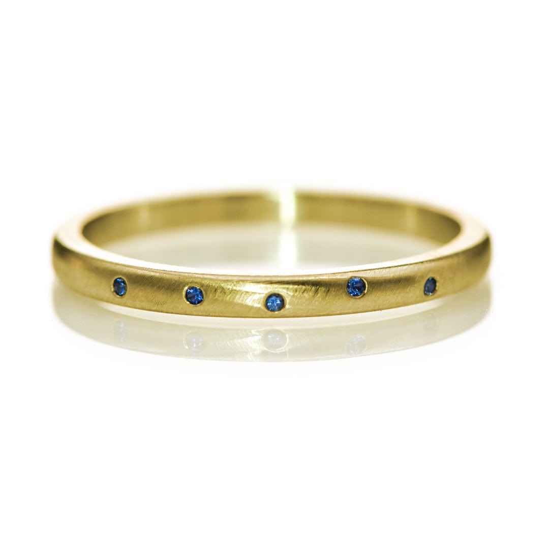 Narrow Random Flush Set Blue Sapphire Wedding Ring 2mm Width / 5 Sapphires / 14k Yellow Gold Ring by Nodeform