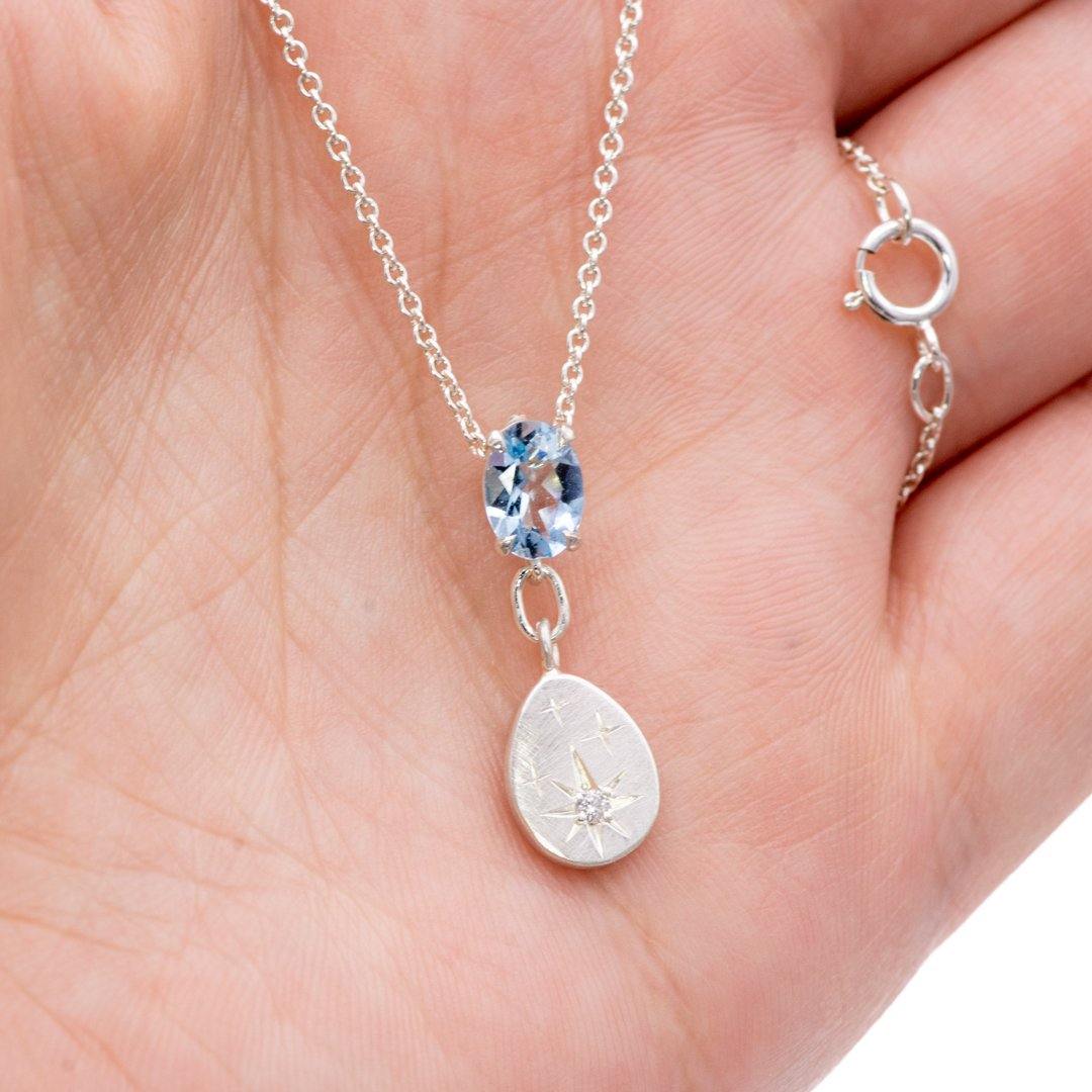Oval Aquamarine & Star set Moissanite Sterling Silver Pendant Necklace {Ready to Ship} oval aquamarine pendant Necklace / Pendant by Nodeform