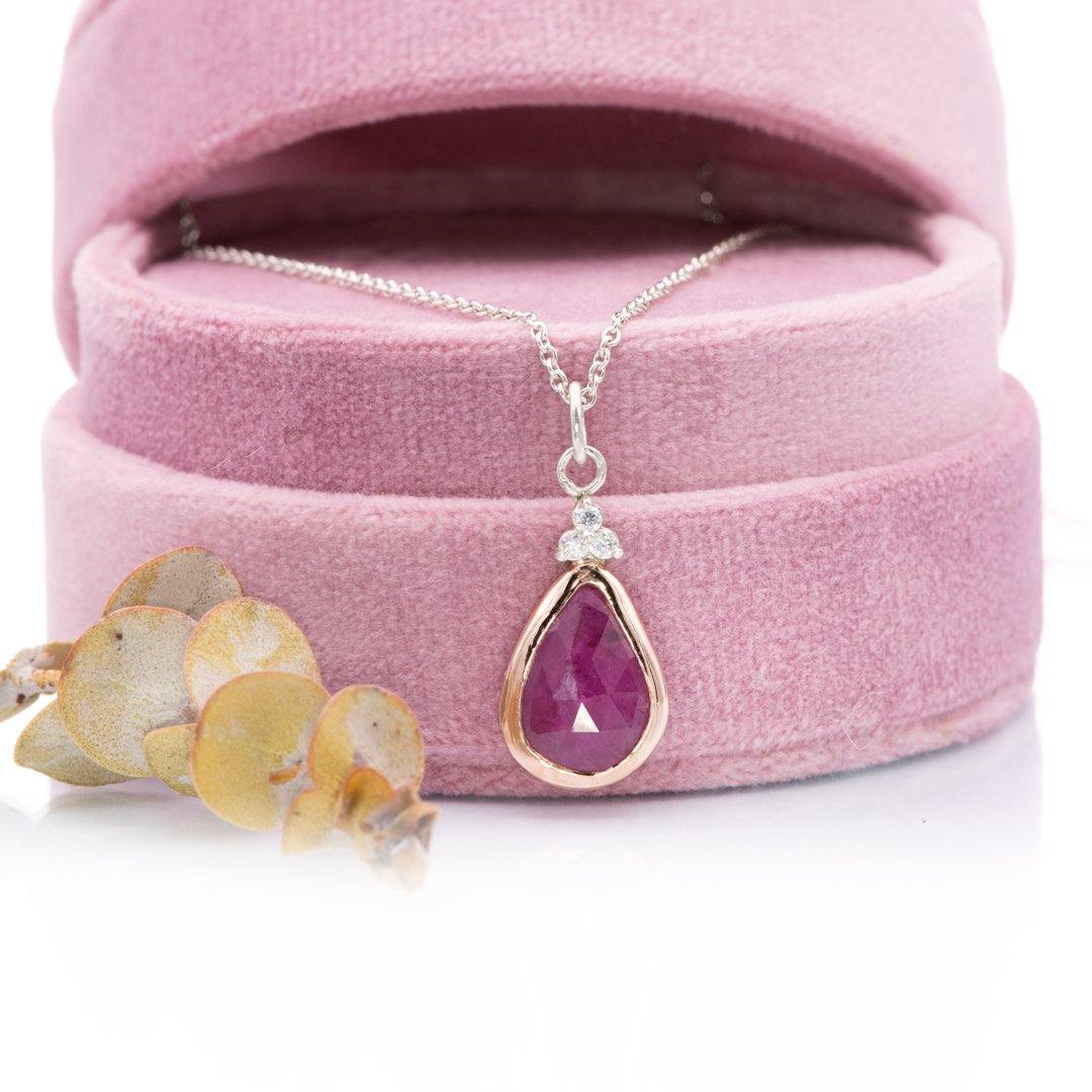 1ct GIA Pear Diamond on Pink Sapphires Medium Line Necklace in 18K Ros