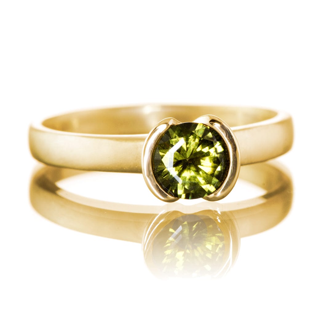 Round Cut Australian Olive Green Sapphire Half-Bezel Solitaire Engagement Ring 14k Yellow Gold Ring by Nodeform