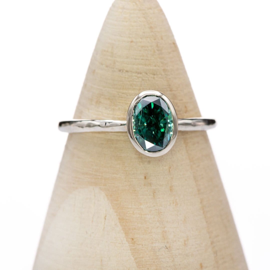 Oval Green Moissanite Martini Bezel Skinny Stacking 14k White Gold Solitaire Ring, Ready To Ship Ring Ready To Ship by Nodeform