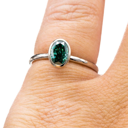 Oval Green Moissanite Martini Bezel Skinny Stacking 14k White Gold Solitaire Ring, Ready To Ship Ring Ready To Ship by Nodeform