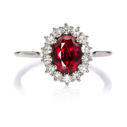Ophelia - Oval Lab-Grown Ruby Prong Set Halo Engagement Ring Moissanite Halo / 7x5mm/~1.1ct Oval Lab-Grown Ruby / 14k Nickel White Gold Ring by Nodeform