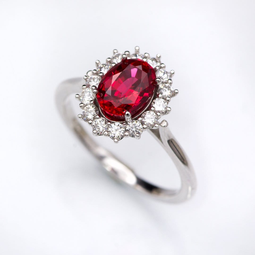 Ophelia - Oval Lab-Grown Ruby Prong Set Halo Engagement Ring Canadian Diamond Halo / 7x5mm/~1.1ct Oval Lab-Grown Ruby / 14k Nickel White Gold Ring by Nodeform
