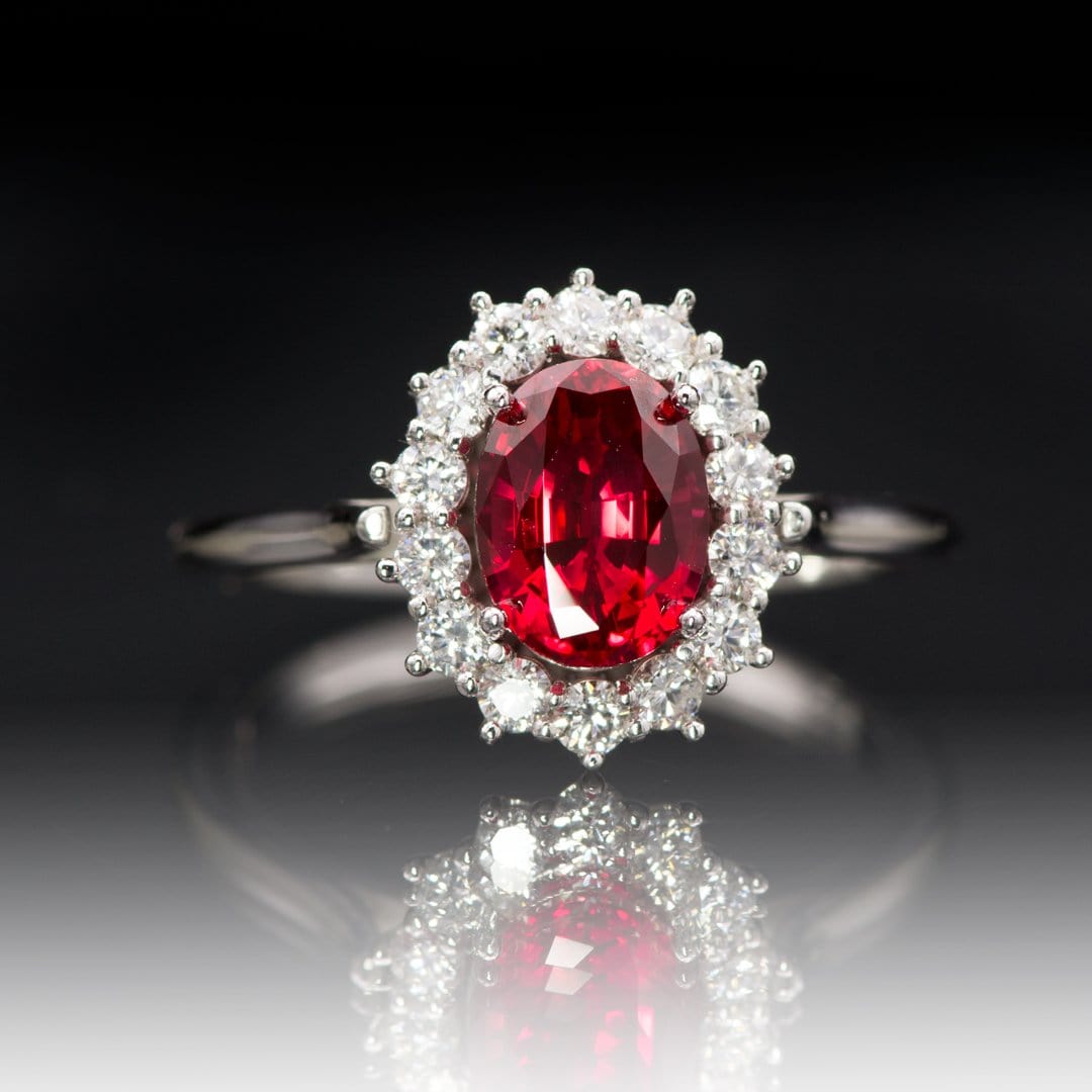 Ophelia - Oval Lab-Grown Ruby Prong Set Halo Engagement Ring Ring by Nodeform