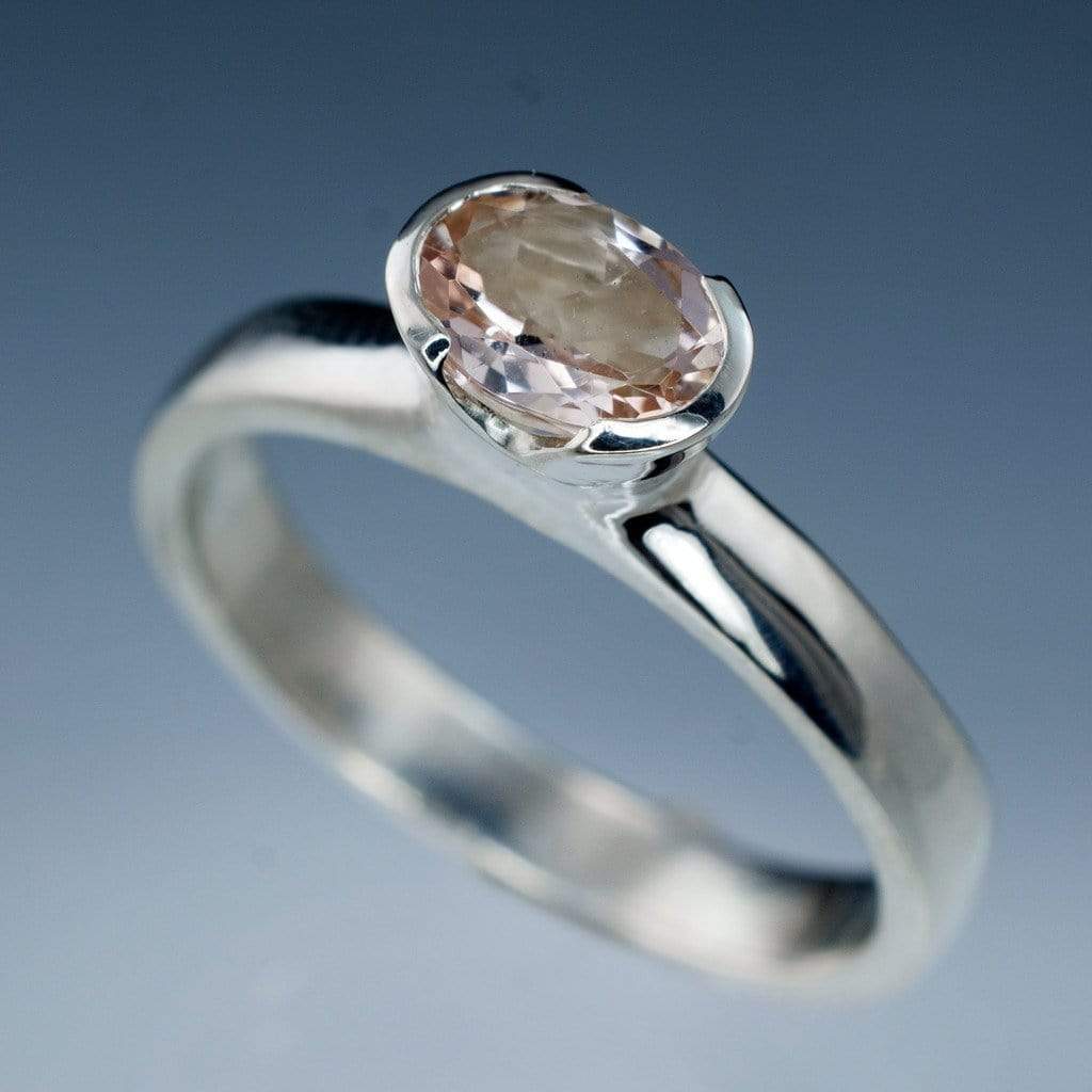 Oval Morganite Half Bezel Solitaire Engagement Ring 7x5mm/0.7ct Light Peach B / 18kPD White Gold Ring by Nodeform