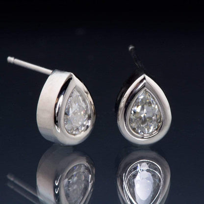 Pear Moissanite Bezel Stud Earrings 6x4mm Forever One Moissanite / Sterling Silver Earrings by Nodeform