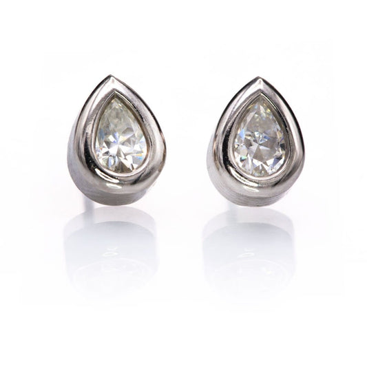 Pear Moissanite Bezel Stud Earrings 6x4mm Forever One Moissanite / 14k Nickel White Gold Earrings by Nodeform