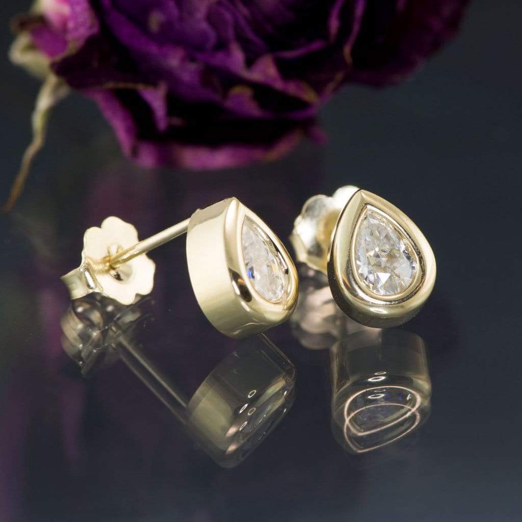 Pear Moissanite Bezel Stud Earrings 6x4mm Forever One Moissanite / 14k Rose Gold Earrings by Nodeform