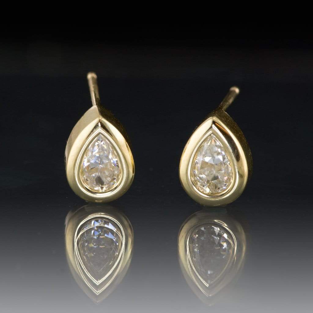 Pear Moissanite Bezel Stud Earrings 6x4mm Forever One Moissanite / 14k Yellow Gold Earrings by Nodeform
