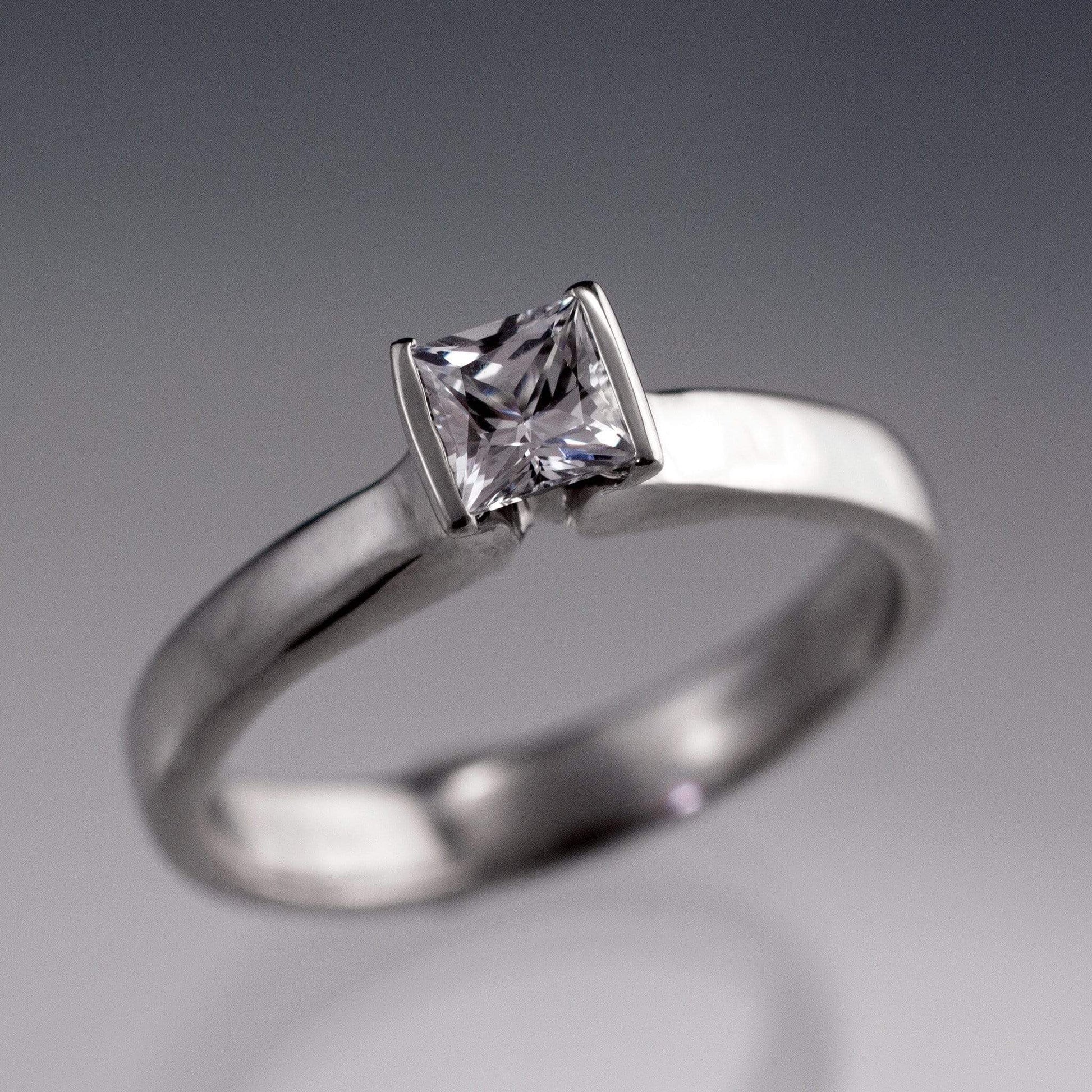 Princess Cut White Sapphire Modified Tension Solitaire Engagement Ring - by Nodeform