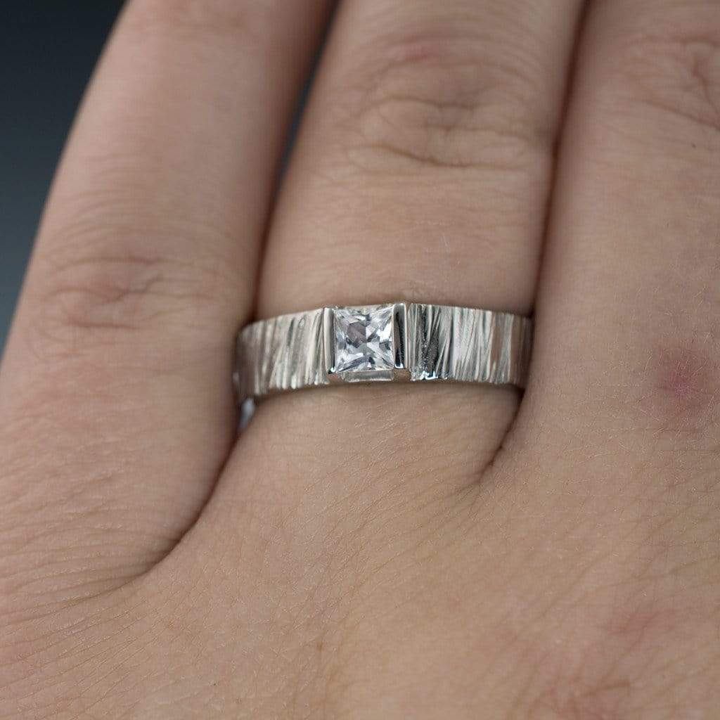Princess White Sapphire Saw Cut Textured Modern Wedding or Solitaire Engagement Ring Ring by Nodeform