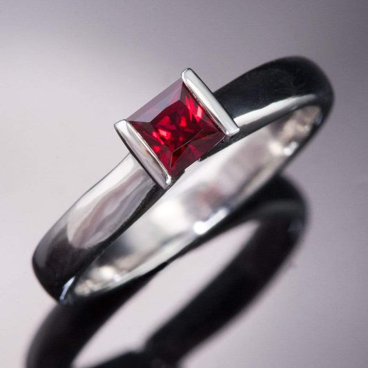 Princess Cut Ruby Modified Tension Solitaire Engagement Ring 4mm Chatham Created Ruby / 14k Yellow Gold Ring by Nodeform