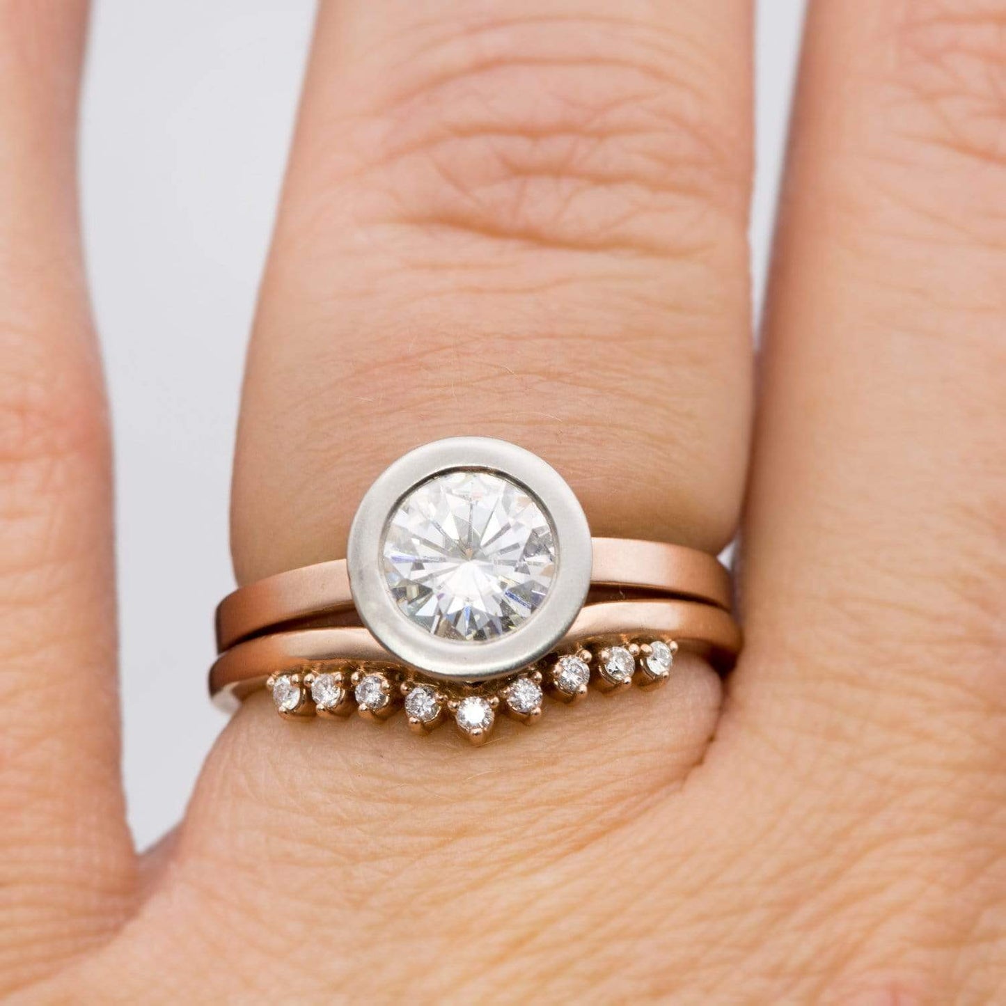 Minimal Mixed Metal Round Moissanite Wide Bezel Solitaire Engagement Ring Ring by Nodeform