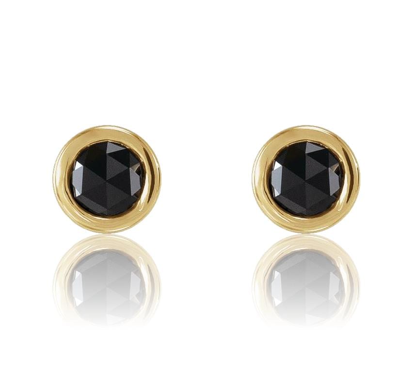 Rose Cut Black Diamond Bezel Set Stud Earrings 14k Yellow Gold Earrings by Nodeform