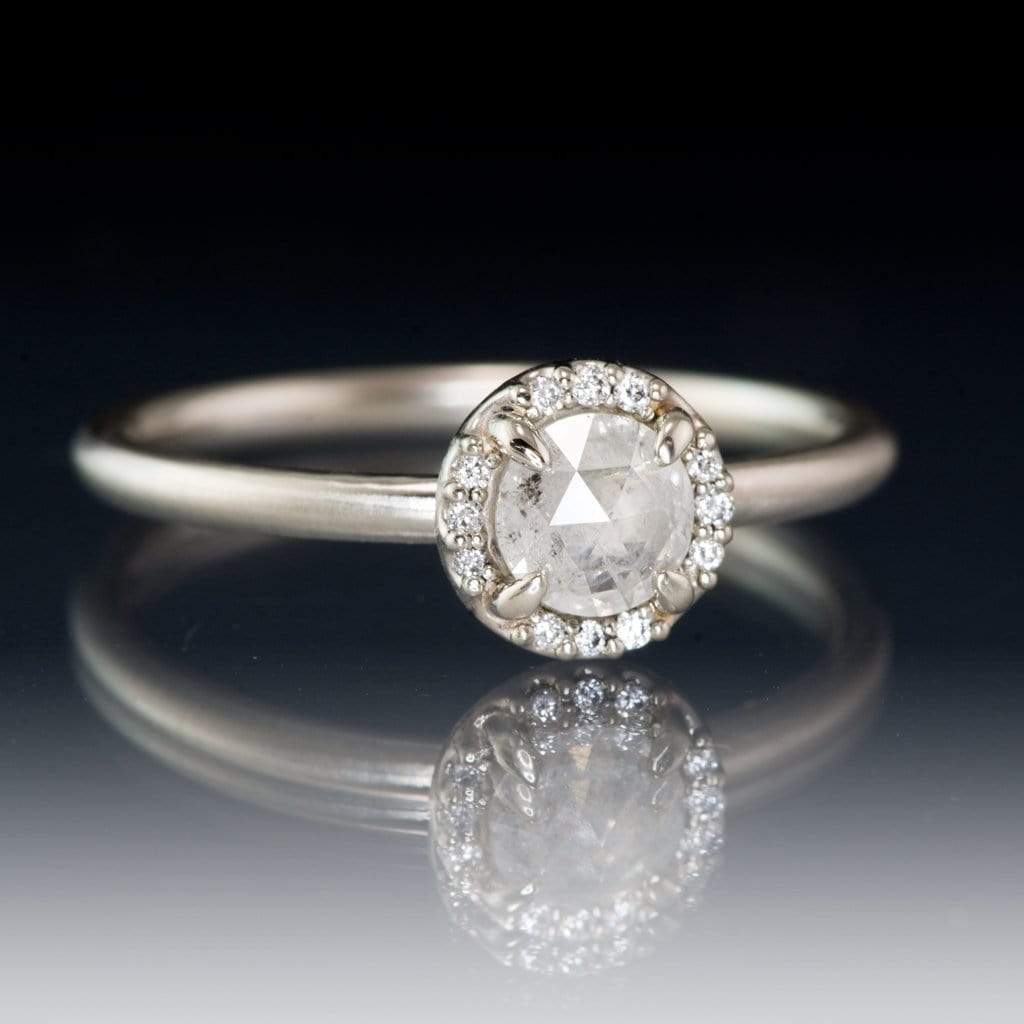 Rose Cut Ice Gray Diamond & White Diamond Halo Engagement Ring 14k Nickel White Gold Ring by Nodeform