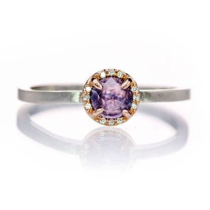 Mixed Metal Purple Rose Cut Sapphire & Diamond Rose Gold Halo Ring, Ready to ship Ring Ready To Ship by Nodeform