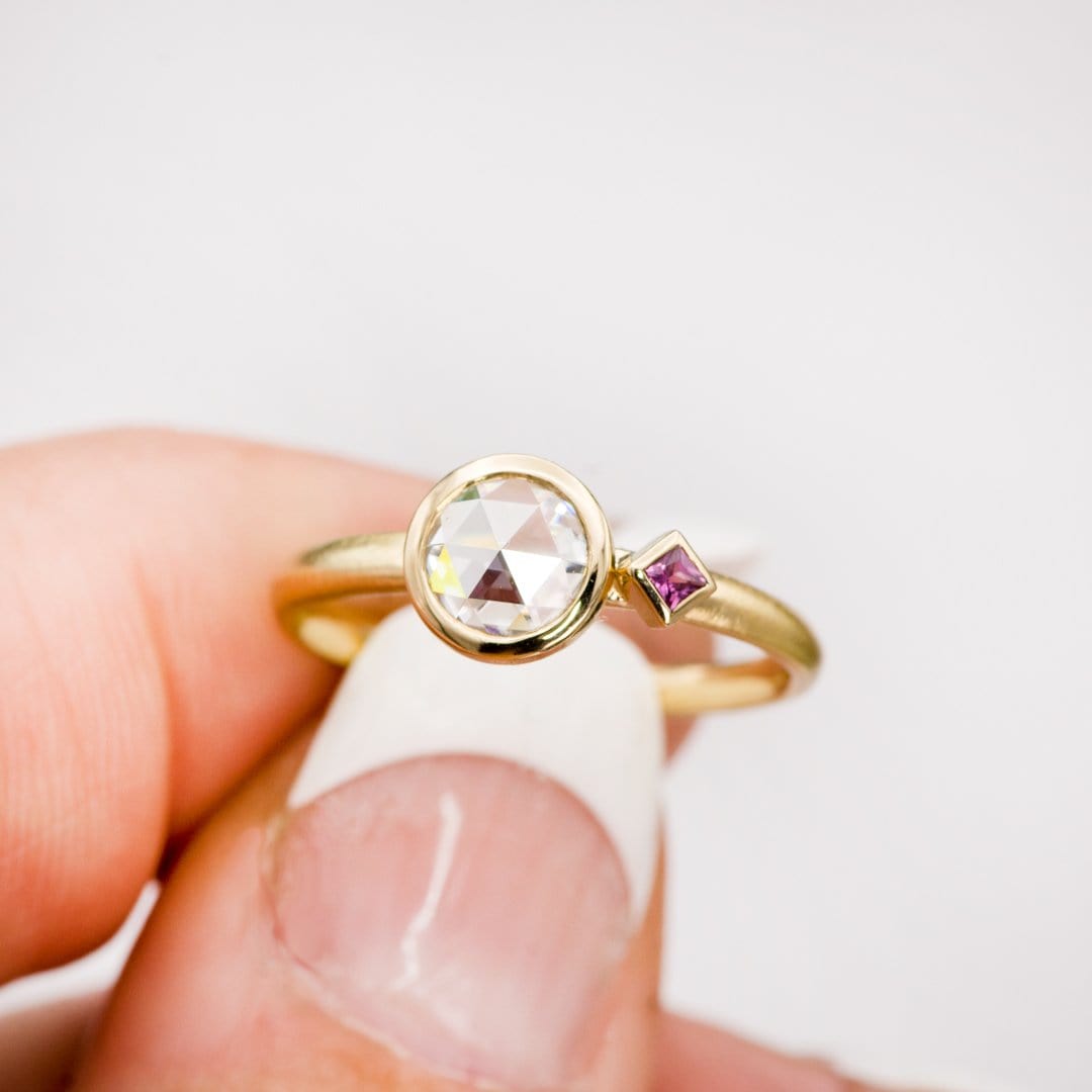 Rose Cut Moissanite & Accent Princess Ruby Bezel Set Engagement Ring